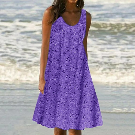 Fartey Summer Dresses for Women 2025 Beach Casual Sleeveless Floral Print Tank Dress Loose Fit Crew Neck Sundress with Pockets Flowy Swing Dress Purple XXXL