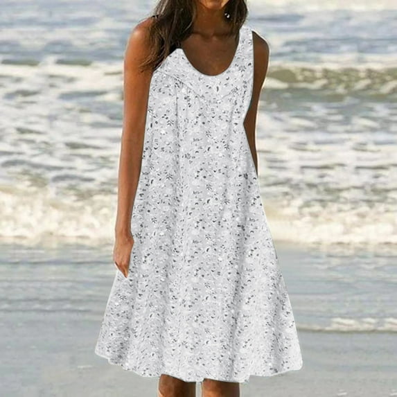 Fartey Summer Dresses for Women 2025 Beach Casual Sleeveless Floral Print Tank Dress Loose Fit Crew Neck Sundress with Pockets Flowy Swing Dress White XXL