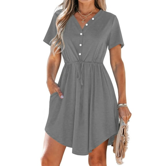 Fartey Summer Dresses for Women 2025 Button Crew Neck Short Sleeve Midi Dress Loose Flowy Swing Dresses with Belt Business Casual Solid Color Work Dress Gray XL