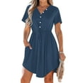 thumbnail image 1 of Fartey Summer Dresses for Women 2025 Button Crew Neck Short Sleeve Midi Dress Loose Flowy Swing Dresses with Belt Business Casual Solid Color Work Dress Navy XXXL, 1 of 9