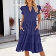 thumbnail image 1 of Fartey Summer Dresses for Women 2025 Elegant Ruffle Sleeve V Neck Midi Dress Fashion Casual Fit Flowy Tiered Boho Beach Vacation Sundress Dark Blue XL, 1 of 5