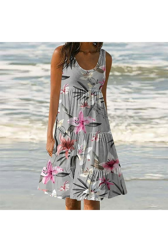 Summer Dresses for Women 2025 Loose Casual Crewneck Sleeveless Tank Dress Flowy Tiered Midi Dresses Plus Size Boho Floral Print Sundress Gray S-5XL