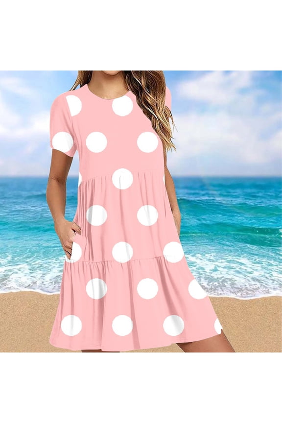 Summer Dresses for Women 2025 Trendy Polka Dot Print Dress with Pockets Casual Short Sleeve Crew Neck Beach Sundress Loose Flowy Tiered Swing Dress Pink M