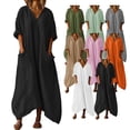 thumbnail image 1 of Fartey Summer Dresses for Women Cotton Linen 3/4 Sleeve V Neck Maxi Dress Loose Irregular Hem Flowy Dress Casual Vacation Beach Sundress with Pockets Army Green 2XL, 1 of 4