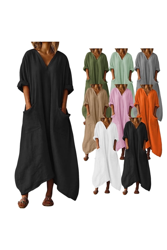 Summer Dresses for Women Cotton Linen 3/4 Sleeve V Neck Maxi Dress Loose Irregular Hem Flowy Dress Casual Vacation Beach Sundress with Pockets Army Green S