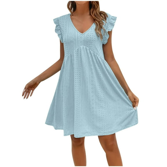 Fartey Summer Dresses for Women Eyelet Embroidery Ruffle Trim Short Sleeve Midi Dress Loose Casual V Neck Swing Dress Solid Color Beach Vacation Sundress Light Blue XXL