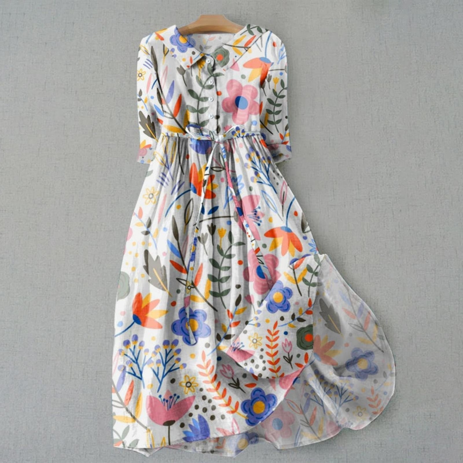 Fartey Summer Dresses for Women Fashion Floral Print Cotton Linen Midi  Dress Summer Casual 3/4 Sleeve Drawstring Waist Dress Casual Flowy Lapel  Lightweight Holiday Sundres - Walmart.com