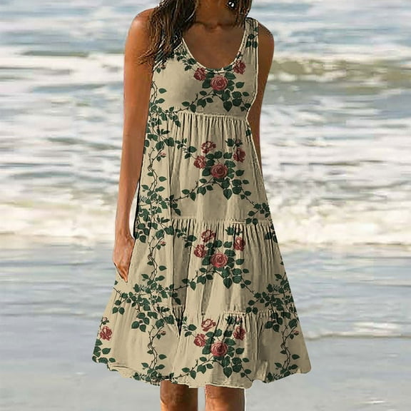 Fartey Summer Dresses for Women Plus Size Boho Floral Tiered Midi Dress Trendy Loose Flowy Sleeveless Crew Neck Swing Dress Casual Beach Vacation Sundress 2025 Beige S-5XL