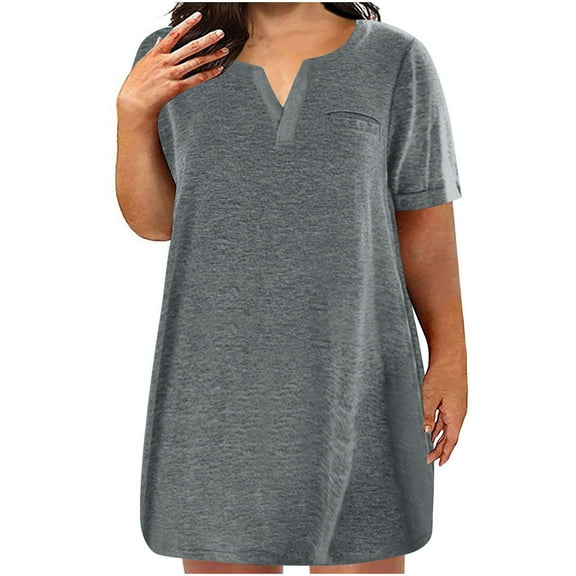 Fartey Summer Dresses for Women Plus Size Fashion Solid Color V Neck Shirts Dress Casual Loose Short Sleeve Dress with Pockets Soft Comfy Beach Sundress 2025 Gray S-5XL