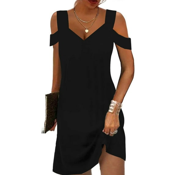 Fartey Summer Dresses for Women 2025 Cold Shoulder V Neck A-Line Dress Beach Vacation Boho Mini Sundress Fashion Solid Color Party Dress Black XL