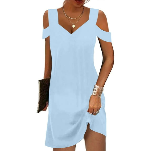 Fartey Summer Dresses for Women 2025 Cold Shoulder V Neck A-Line Dress Beach Vacation Boho Mini Sundress Fashion Solid Color Party Dress Light Blue L