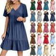 thumbnail image 1 of Fartey Summer Dresses for Women 2025 Vacation Short Sleeve v Neck Mini T Shirt Dress Pleated Ruffle Flowy Beach Sundresses Pink S, 1 of 9