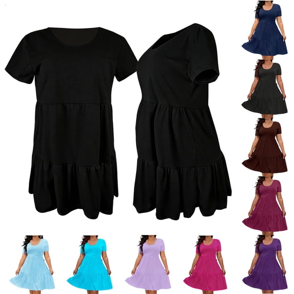 Fartey Summer Dresses for Women Plus Size Round Neck Short Sleeve Midi Dress Loose Flowy Ruffle Tiered Dresses Casual Swing Dress Hot Pink XL