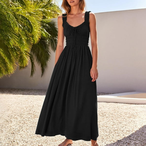 Fartey Summer Dresses for Women Ruffles Scoop Neck A Line Maxi Dress Sleeveless High Waist Sun Dresses Loose Flowy Beach Tank Dress 2025 Black S-2XL