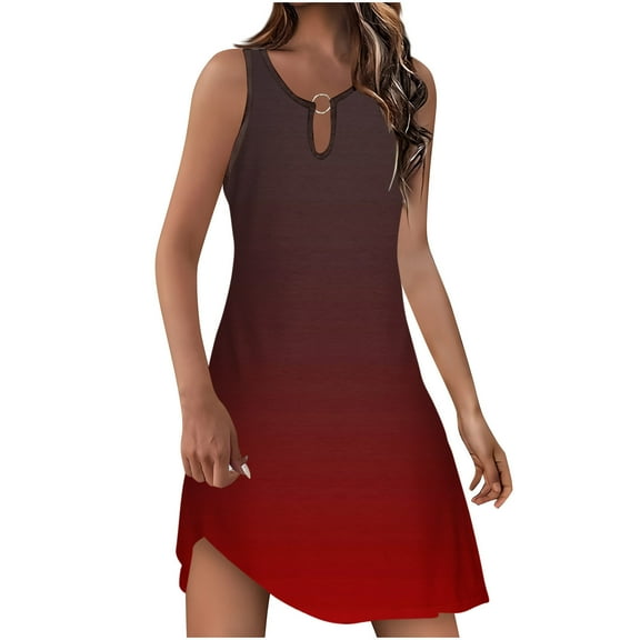 Fartey Summer Dresses for Women Trendy Gradient Sleeveless Tank Dress Casual Hollow Out V Neck Dress Slim Fit Beach Midi Sundress Red S