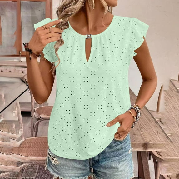Fartey Summer Eyelet Tops for Women 2025 Loose Casual Cap Sleeve Shirts Slim Fit V Neck Tunic Tees Lightweight Breathable Solid Color Goig Up Blouses Green XL