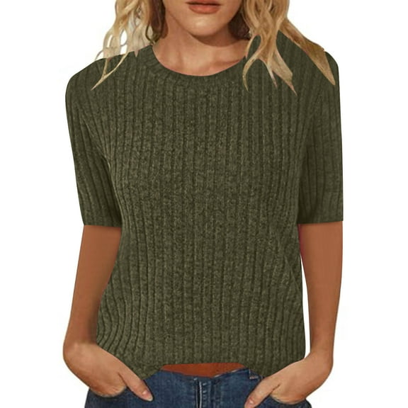 Fartey Summer Half Sleeve Shirts for Women Trendy Elegant Ribbed Crewneck T Shirts Slim Fit Tunic Blouse Fashion Simple Solid Color Tops Army Green XL