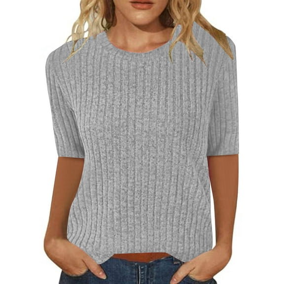 Fartey Summer Half Sleeve Shirts for Women Trendy Elegant Ribbed Crewneck T Shirts Slim Fit Tunic Blouse Fashion Simple Solid Color Tops Gray M