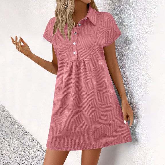Fartey Summer Lapel Collared Dresses for Women 2025 Solid Color Short Sleeve Mini Dress Elegant Textured Shirt Dresses Button Down Beach Sundress Pink L