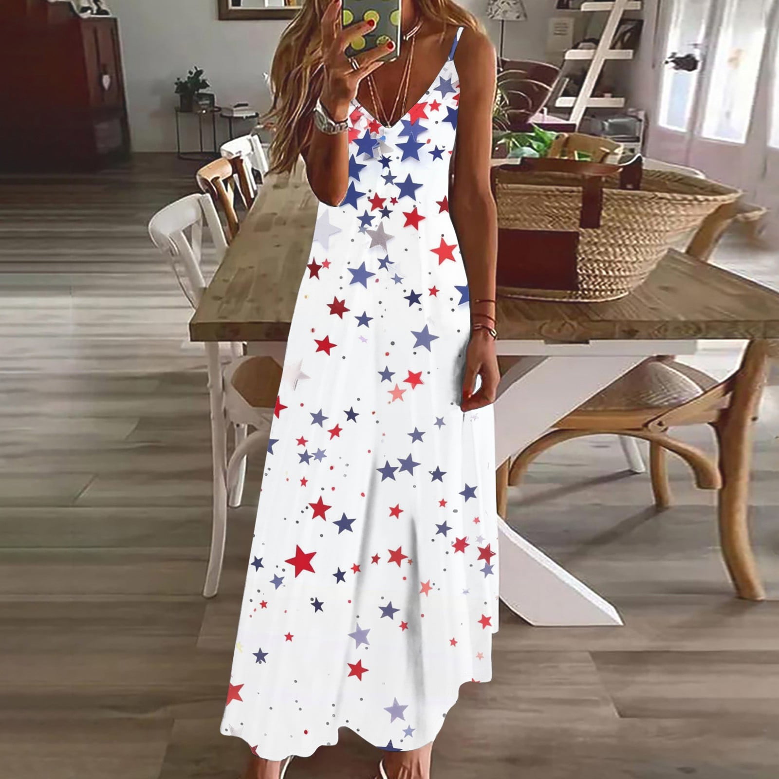 Fartey Summer Maxi Dresses for Women Trendy Stars Print Dress Spaghetti Strap Sleeveless Dresses 4th of July Patriotic Dress Loose Flowy Party