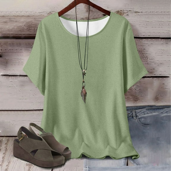 Fartey Summer Short Sleeve Tops for Women Fashion Versatile Solid Color Basic Tshirt Loose Flowy Hem Tees Casual Comfy Daily Blouses Green S-3XL