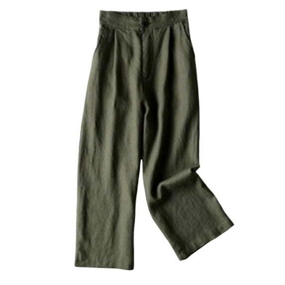 Fartey Summer Solid Color Straight Leg Pants for Women Button Elastic Waist Cotton Linen Wide Leg Pant Casual Loose Business Work Trousers with Pockets,M