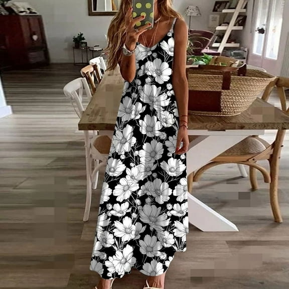 Fartey Summer Sundresses for Women 2025 Trendy Casual Sleeveless Floral Sun Dresses Spaghetti Strap Beach Maxi Dress Vacation Outfits Black S-3XL