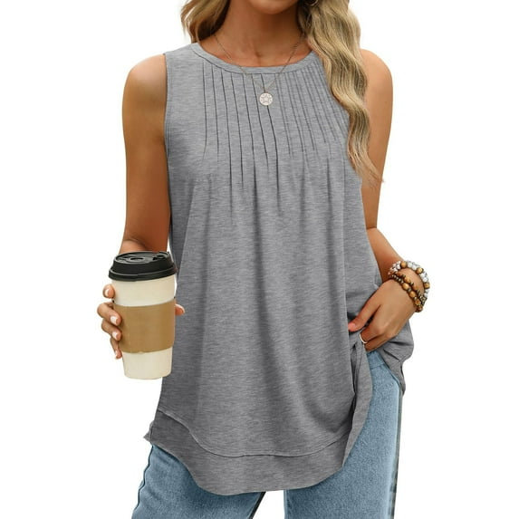 Fartey Summer Tank Tops for Women Dressy Casual Sleeveless Holiday Shirts Loose Fit Crew Neck Pleated Front Tunic Tanks Lightweight Flowy Beach Top Gray XL