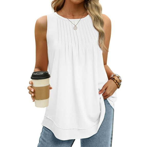 Fartey Summer Tank Tops for Women Dressy Casual Sleeveless Holiday Shirts Loose Fit Crew Neck Pleated Front Tunic Tanks Lightweight Flowy Beach Top White XL