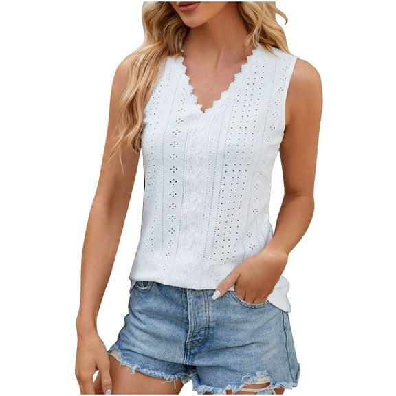 Fartey Summer Tank Tops for Women Trendy Lace V Neck Tanks Loose Breathable Eyelet Embroidery Sleeveless Shirts Business Casual Solid Color Work Tanks White S