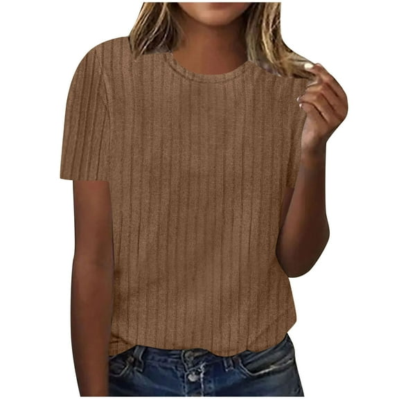 Fartey Summer Tops for Women 2025 Dressy Casual Ribbed Short Sleeve Tees Soft Comfy Crew Neck T Shirts Fashion Simple Solid Color Blouses Brown S-3XL