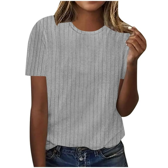 Fartey Summer Tops for Women 2025 Dressy Casual Ribbed Short Sleeve Tees Soft Comfy Crew Neck T Shirts Fashion Simple Solid Color Blouses on Clearance Gray S-3XL