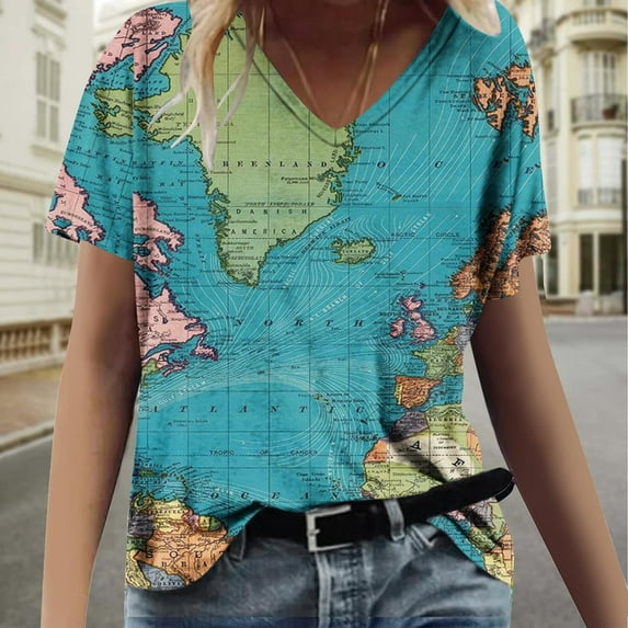 Fartey Summer Tops for Women Trendy V Neck World Map Print Tee Shirts Casual Short Sleeve Graphic Tees Loose Fit Outdoor Hiking Tshrits Tops Green S-2XL