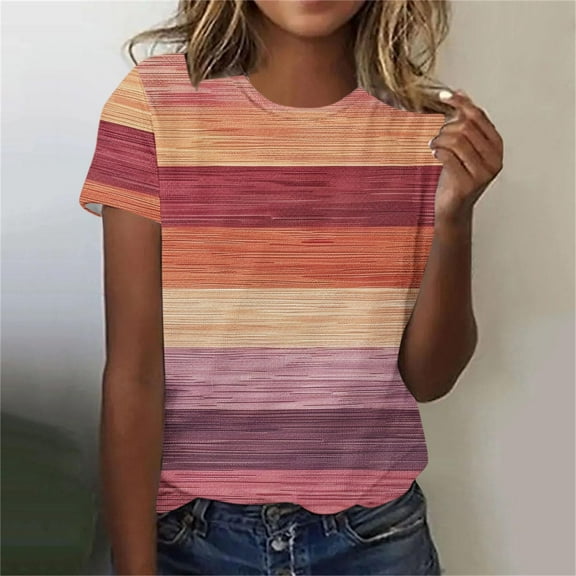 Fartey Summer Tops for Women 2025 Stripe Printed Short Sleeve Shirts Loose Casual Crew Neck Tunic Top Trendy Going Out Blouses Multicolor M