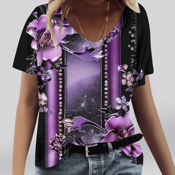 Fartey Summer Tops for Women 2025 Trendy Boho Floral Print Tees Elegant V Neck Tshirt Casual Loose Short Sleeve Blouses Purple S-2XL