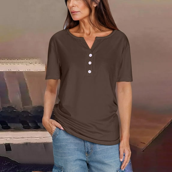 Fartey Summer Tops for Women 2025 V Neck Button Shirts Slim Fit Short Sleeve Tunic Tshirts Business Casual Solid Color Work Blouses Brown M