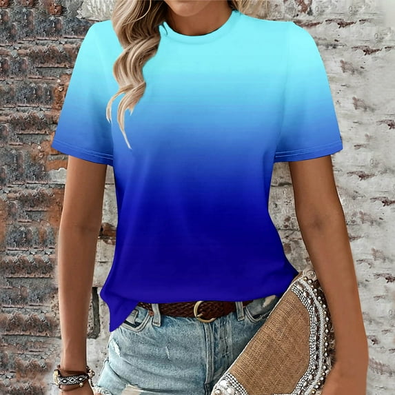 Fartey Summer Tops for Women Trendy 2025 Gradient Printed T Shirts Slim FIt Crew Neck Short Sleeve Shirts Loose Casual Blouses Blue M