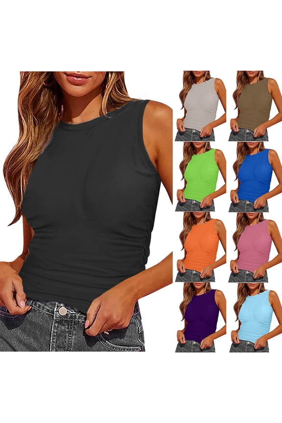 Summer Women Tank Tops Slim Fit Sleeveles Shirt Soft Stretch Crew Neck Casual Undershirt Summer Solid Color Workout Tanks Purple L