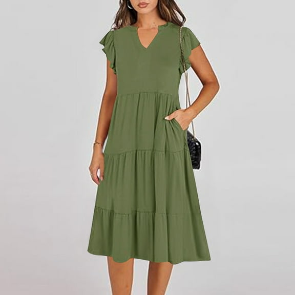 Fartey Sundresses for Women 2025 Flowy Cap Sleeve Tiered Ruffle Dress Casual Summer V Neck Midi Dress with Pocket Boho Beach Vacation Dresses Green S-2XL