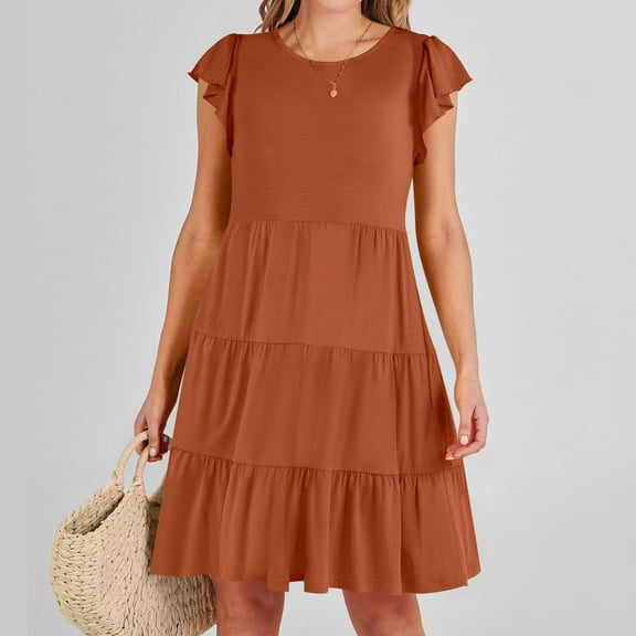 Fartey Sundresses for Women 2025 Loose Casual Crew Neck Ruffle Cap Sleeve A-Line Tiered Dresses Flowy Swing Beach Mini Dress with Pockets Orange S-2XL