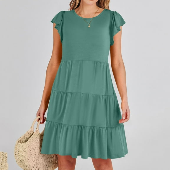 Fartey Sundresses for Women 2025 Loose Casual Crew Neck Ruffle Cap Sleeve A-Line Tiered Dresses Flowy Swing Beach Mini Dress with Pockets Green S-2XL