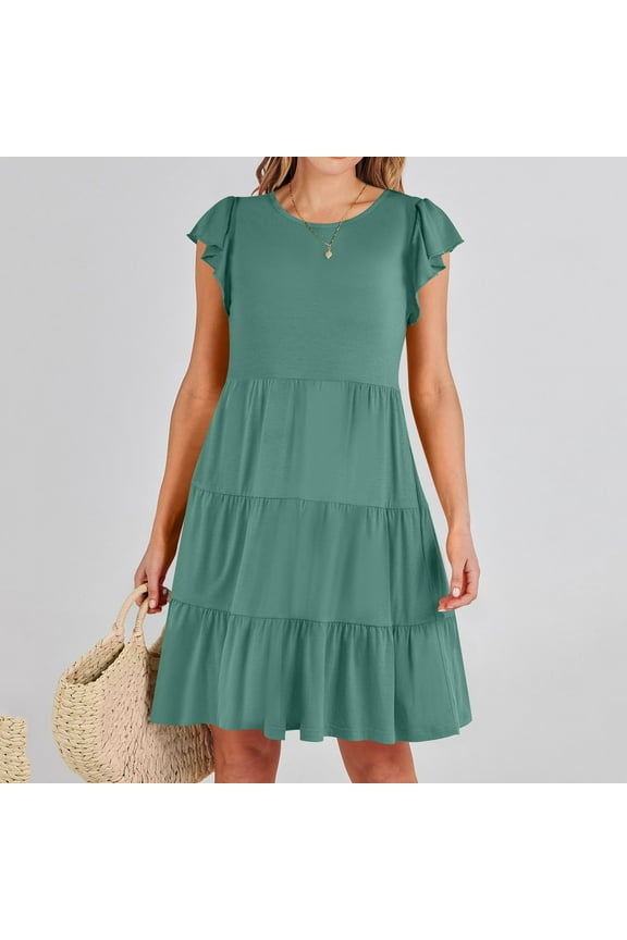 Sundresses for Women 2025 Loose Casual Crew Neck Ruffle Cap Sleeve A-Line Tiered Dresses Flowy Swing Beach Mini Dress with Pockets Green S-2XL