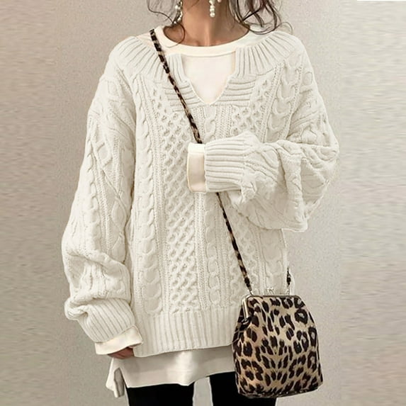 Fartey Sweater for Women Clearance Fashion Simple Solid Color Cable Knit Chunky Oversized Pullover Sweater Tops Dressy Casual Long Sleeve V Neck Sweaters