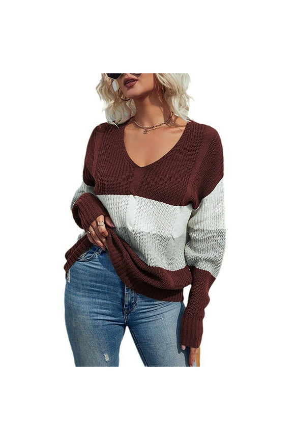 Sweater for Womens Fashion 2025 Color Block Long Sleeve V Neck Pullover Sweater Soft Comfy Ribbed Knitted Jumper Tops Oversized Drop Shoulder Sweaters