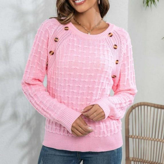 Fartey Sweaters for Women Clearance $5.00 Dressy Casual Crew Neck Long Sleeve Cable Knitted Pullover Sweater with Button Slim Fit Fall Solid Color Sweaters
