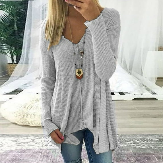 Fartey Sweaters for Women Plus Size V Neck Ribbed Knit Pullover Sweater Fall Solid Color Long Sleeve Sweater Soft Comfy Jumpers Gray S