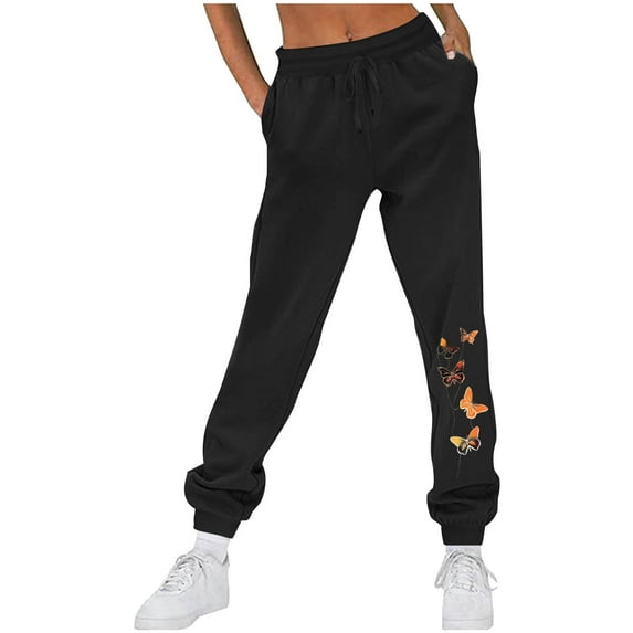 Fartey Sweatpants for Women with Pockets Soft Comfy Fleece Workout Joggers Fashion Butterfly Print Lounge Trousers Running Drawstring Sweatpant Black S