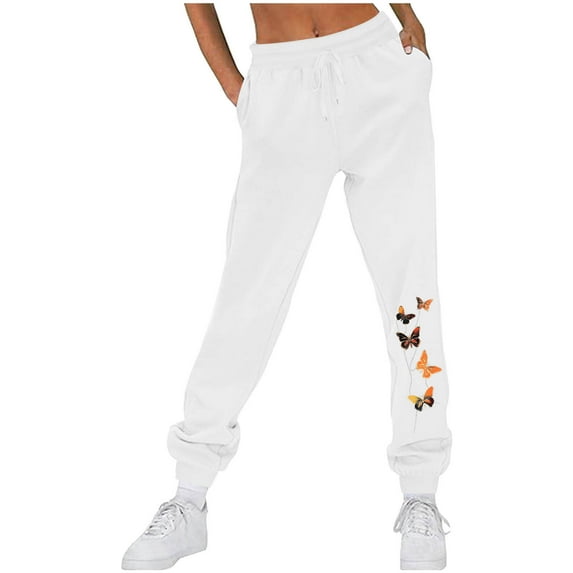 Fartey Sweatpants for Women with Pockets Soft Comfy Fleece Workout Joggers Fashion Butterfly Print Lounge Trousers Running Drawstring Sweatpant White L