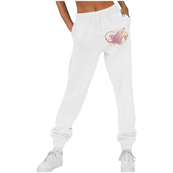 Fartey Sweatpants for Women 2024 Cinch Bottom Drawstring Elastic Waist Pants Sporty Gym Joggers Cute Love Print Sweatpant with Pockets White S