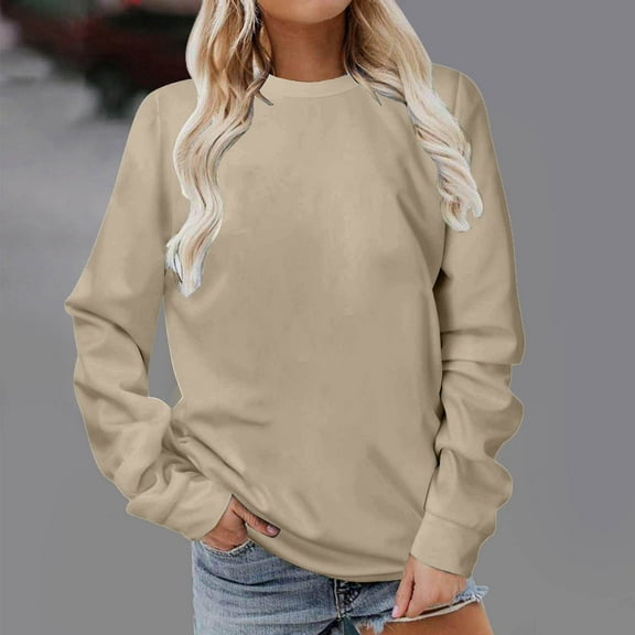 Fartey Sweatshirt for Women Simple Fall Solid Color Pullover Tops Slim Fit Daily Shirts Casual Loose Long Sleeve Round Neck Sweatshirts Beige XL